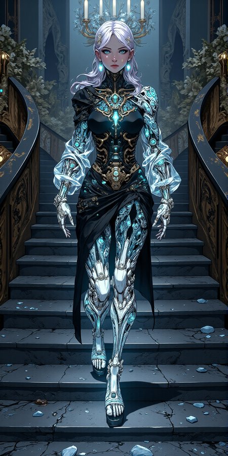 cyberpunk style beautiful cyborg girl with robotic body, painted black with glowing tattoos,  wearing transparent silk robes walks down stairs made of black basalt and diamonds, eerie atmosphere, mystery and sacred, asymetric composition, fractal glass, intricate details, cyberpunk scene, anime ink outlines, <lora:BLUE_mk4_angel_FLUX_03:1>  <lora:BioInk2FLUX:1><lora:flux-photo-transparent_Alpha_1.0:1> <lora:CPA:1>