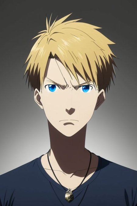 high resolution, solo, best quality, 1Boy, Yamato Ishida, Blond Hair, Blue Eyes, Necklace, potrait, dark shirt, looking at viewer, focused gaze forward, simple background, straight body, upper body, head upright, guilt, OverallDetail