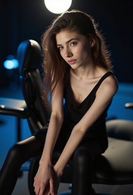 cinematic photo (best quality, masterpiece, colorful, dynamic angle, highest detailed), full body photo, fashion photography of cute 1girl, dark mood, dystopia, glowing, looking at viewer, sitting, long hair, bokeh (intricate details, hyperdetailed:1.15), detailed, moonlight passing through hair, (official art, extreme detailed, highest detailed), HDR+ . 35mm photograph, film, bokeh, professional, 4k, highly detailed, dramatic lighting, dark theme, low key, aidmaHyperrealism   <lora:FLUX - DRKDLF - Styles for FLUX ( dramatic lighting, dark theme, low key ) :1> <lora:FLUX - Extremely Thin and Skinny:0.8> <lora:FLUX - Hyper Realism ( aidmaHyperrealism ):0.6>