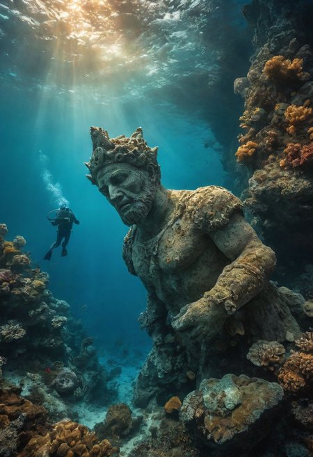 Diver discovering gigantic, Describe the awe-inspiring scene captured in the image of an ancient Atlantean statue emerging from the crystalline blue waters, surrounded by the mystique of the ocean and vibrant hues.
very detailed, hd, RAW photograph, masterpiece, top quality, best quality, official art,highest detailed, atmospheric lighting, cinematic composition, complex multiple subjects, 4k HDR, vibrant, highly detailed, Leica Q2 with Summilux 35mm f/1.2 ASPH, Ultra High Resolution, wallpaper, 8K, Rich texture details, hyper detailed, detailed eyes, detailed background, dramatic angle, epic composition, high quality , (8k, RAW photo, highest quality), hyperrealistic,sea ​​monster
