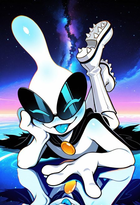 masterpiece, ultra detailed, amazing quality, absurdres, very aesthetic, solo, male focus, 1boy, 
orbulon_WW, white skin, alien, 3 fingers, fewer digits, sunglasses, eyes visible through eyewear, closed eyes, looking at viewer, blue eyes, knee boots, white footwear, spiked footwear, brooch, black cape, torn cape, smile, :p, tongue out, blue tongue, slim, full body, (lying:1.1), on stomach, the pose, legs up, arm support, head rest, shoe soles, blush, blue blush, from front, 
BREAK 
detailed shading, shadow, on ground, WaiIL25PosC, g0th1c, glowing, backlighting, reflection, psychedelic background, galaxy,