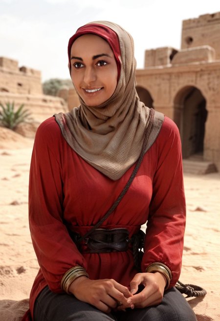 score_9_up, score_8_up, score_7_up, score_6_up, score_5_up, score_4_up, solo, 1girl, Dania_jawad, hijab, brown eyes, sitting in ancient ruins in a desert, smile