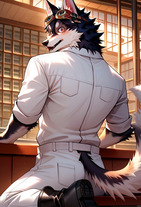 score_9, score_8_up, score_7_up, 8k, detailed design, detailed background, detailed characters, masterpiece, anthro only, furry only, 1boy, solo,  <lora:Yoki-000002>,yoki, yoki_kurogane, black shirt, furry male, goggles on head, open white shirt, dog boy, black fur, back view, back, looking back, white pants, black boots,  inside, building, sunny,