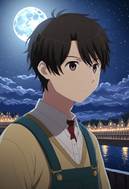 high resolution, solo, best quality, 1Boy, Inaho Kaizuka, Black Hair, Brown Eyes, depth of field, moon, fantastic night, dreamlike, midle of bridge, OverallDetail