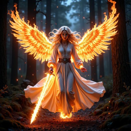 mythp0rt, ((beautiful woman, pale skin, blue eyes,  white wavy super long hair (floating), a Jedfrsw fire (hair), face visible, facing front, looking at viewer, wearing a Jedfrsw fire (white long gown)), she is floating in mid air while her gown is burning, embers float around her, under a mystical starry night, a Jedfrsw fire (wings) spread wide, holding a Jedfrsw fire (long glowing knight sword) on her side hand, mystical forest atmosphere,