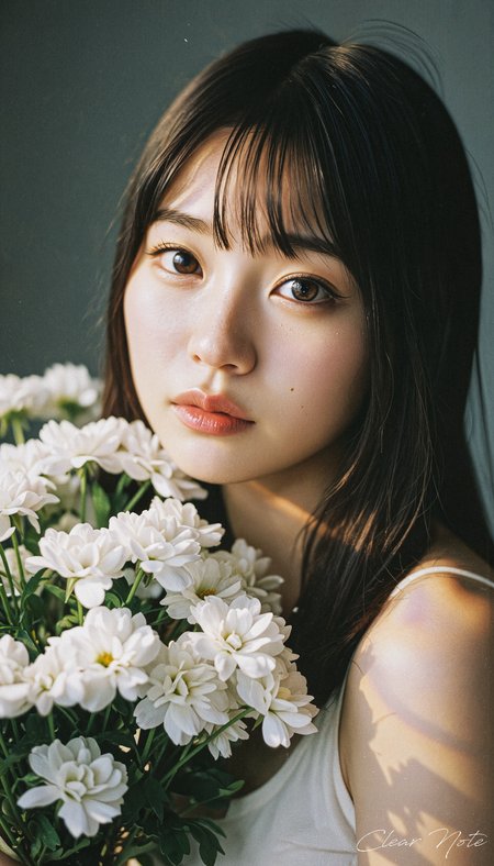 Japanese Culture Style, Emotional Photos, 35mm film, cute Japanese woman, Model pose, white flowers, Chiaroscuro, Rainbow light, Light Brown Eyes
