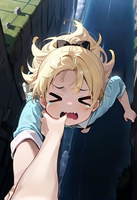 masterpiece,best quality,amazing quality,very aesthetic,absurdres,newest, huge filesize,
BREAK 
1girl,
cartoon crying, >_<, waving mouth,
BREAK 
SOSCLB,climbing,
floating hair,scenery,wind,
pov hands, grabbing, grabbing another's cheek,
depth of field,close up,
(from high above:1.5),
looking at viewer,pov
