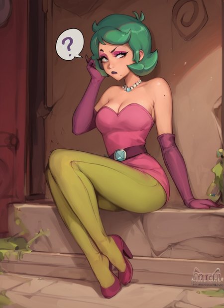 score_9, score_8_up, score_7_up,   <lora:bslola:1> bslola 1 girl ,short hair  , bslola ,green hair  , pink dress    eyeshadow ,mole under mouth ,  cleavage    ,bare shoulders  , Green Tights  ,short dress,  Elbow Gloves , solo  , strapless dress , lipstick,   ,belt  ,  cleavage, bare shoulders  , Bow on the back    , full body,   looking at viewer,   confused,  full body,       ,Green Tights <lora:Kittew-4RCH0N:1>4RCH0N