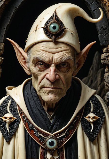 1male, goblin, grumpy, wrinkles, old, (bloodshot eyes, dilated pupil:1.2), (adult:1.3), safe,
pointy hat, wizard, sage, small,
cave background, depth of field, face focus, dramatic lighting, detailed shadows, dark theme,
robe made out of, ebony, ivory, scrimshaw, bone carving, 
 <lora:Ebony_and_Ivory_Scrimshaw_style_-_SDXL:1>, masterpiece, best_quality, amazing_quality, very_aesthetic, 8k, high_quality, highres, absurdres, subject_focus,