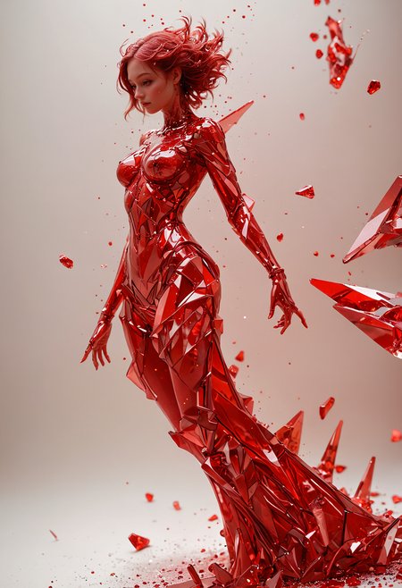 ultra detailed shot of a shattering sculpture made of red glass in a female shape, full body zoomed, ((red glitter floating around)), side view, motion effects, ((shattering sculpture)), colorful crystal particles floating as the sculptures shatter in loads of pieces, studio lights, ultra sharp focus, high speed shot, art by VelvetS, soft colors,
 <lora:Flux-style-xl-lora:0.5> <lora:DetailMaximizer:1> <lora:CinematicStyle_v1:1> <lora:zavy-cntrst-sdxl:0.5> <lora:- SDXL - vanta-black_contrast_V3.0:0.5>