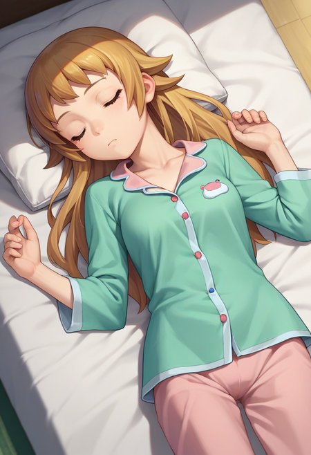score_9, score_8_up, score_7_up, source_anime, from above, solo, 1girl, gundamhoshino, sleeping, lying, on back, long hair, closed eyes, pajamas, bed <lora:gundam_fuminahoshino_ponyXL:1>