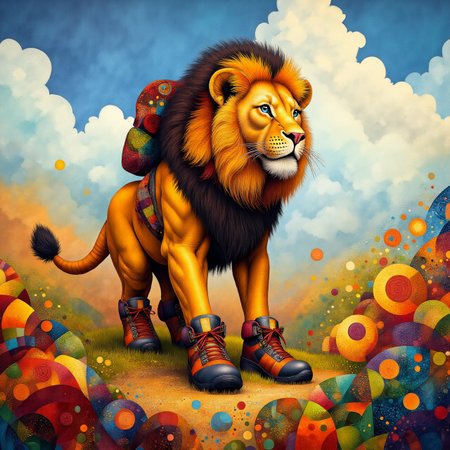 lioness wearing hiking boots <lora:midjourney_whisper_chromaplex_v1:1.21>