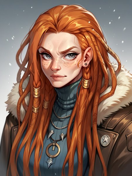 score_9, score_8_up, score_7_up, score_6_up, score_5_up, score_4_up,  <lora:b4rb4r14nXLP:0.5> b4rb4r14n, ginger hair, fur, leather, dreadlocks, snow