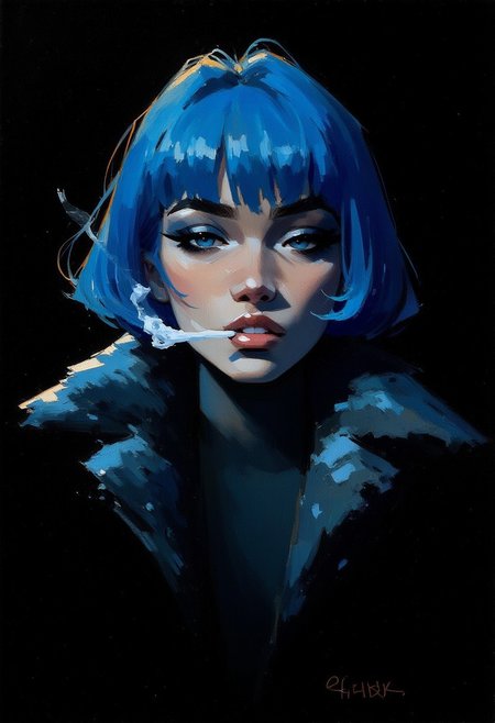 oil painting portrait rendered in a loose, impressionistic style with thick, expressive brush strokes. It depicts a blue haired woman smoking wearing a fur coat. the background is black, and she is covered in darkness. close-up.