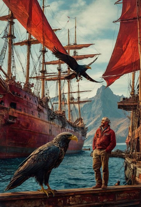 A lone figure, races mingling, and towering masted ships.  A bold color palette of rich reds, Ernest hemingway and an eagle, environment map, abstract raven portrait, intricate stunning highly detailed, abstract,  fantastical, film photography style, light grain, ,Heather Theurer