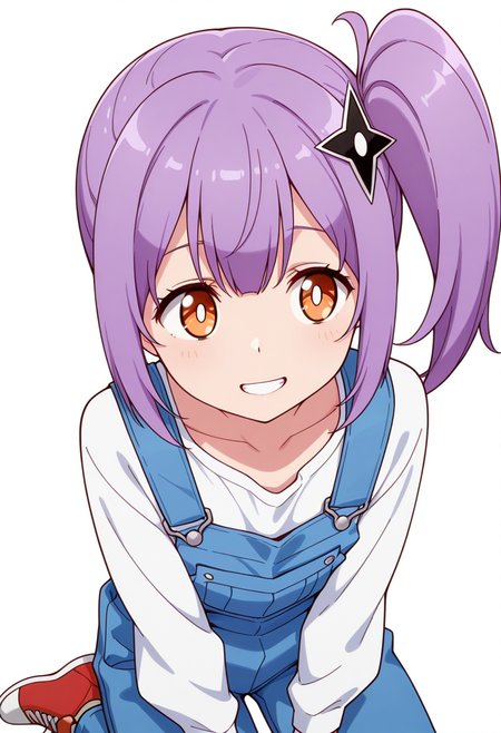 masterpiece,high quality details, absurdres,
 <lora:Satoko_Kusagakure:0.9>
satoko_cnr, 1girl, purple hair, long hair, side ponytail,orange eyes,hair ornament,sidelocks,
satoko_s2, collarbone,overalls,white shirt, long sleeves, pants, red footwear, shoes,, simple background, white background, front view,solo,, grin,worried,, \(^o^)/,