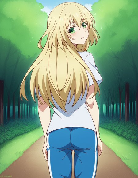 score_9, score_8_up, score_7_up, source_anime, <lora:yuki-nozaki-s1-ponyxl-lora-nochekaiser:1>, yuki nozaki, long hair, blonde hair, hair between eyes, green eyes, sidelocks,, shirt, pants, t-shirt, sportswear, track pants,, forest, trees, foliage, wildlife, greenery, , <lora:shaft-look-ponyxl-lora-nochekaiser:1>, shaft look, looking back, from behind, head tilt,, looking at viewer, solo,, dutch angle, cowboy shot