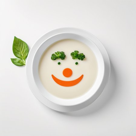 minimalism white cream soup with (vegetable smiley face:1.05)