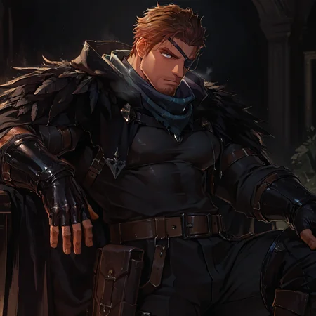 <lora:Corvus__Alchemist_Code-000003:.7>, tagatamecorvus, corvus_brunette, corvus_grey eyes, 1boy, short hair, solo, male focus, manly, bara, mature male, muscle body, scarf, handband, cloak, shirt, long sleeves, fingerless gloves, feather trim, belt, pants, boots, eyepatch
{upper body|cowboy shot}, 
(very short hair), male focus, muscular male, large pectorals, muscular male, bara, mature, (hairy body, hairy, body hair, arm hair, leg hair, hairy body, glossy skin, bara, mature, facial hair, beard, full beard, sideburn, mustache, stubble), facial hair, bara, mature, body hair, aixiwuganda_(20222192), very awa, masterpiece, best quality, absurdres, newest, perfect quality, detailed background, intricate details,<lora:slider_Body Type_alpha1.0_rank4_noxattn_last:2><lora:Anime Summer Days 2 Style SDXL_LoRA_Pony Diffusion V6 XL:.6><lora:merged:.7>, DARK, DARK BACKGROUND, LOW-KEY LIGHTING <lora:slider_cfg_scale_boost:.7><lora:Artist6p:.55>, Artist6p, Artist04p,<lora:slider_il_brightness_slider_d1:-.5><lora:slider_il_contrast_slider_d1:-.25>,<lora:slider_contract_controller_illus01_v1:.3>, <lora:addon_illustriousXLv01_stabilizer_v1.121:.5>,<lora:slider_DarkSlider1.2_alpha1.0_rank16_full_300steps:-.2><lora:Heavenly_Beauty_r1:1>, (heavenlybeauty,)<lora:slider_style_strength_controller_illus01_v1:.25>