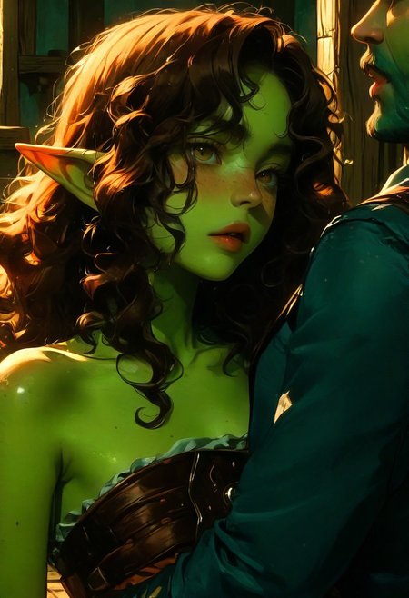 score_9, score_8_up, score_7_up, 1girl, goblin, dark green skin,  solo female focus, large pointed ears. skinny, wild red hair, long hair, loose curly hair, green skin, freckles, Freckled ass, beautiful yellow eyes, small breasts, brown loin cloth, chest wrap. Pouting lips. Blushing,  happy loving expression.  Held off ground. Carried. 
1boy, muscular human man. Huge man. Giant man, Adventurers leather armor, Head hidden out of frame.  Dynamic angle. Big dom small sub, hetero, size difference, standing, hugging. From behind. Fully dressed. 
Inside Tavern bedroom