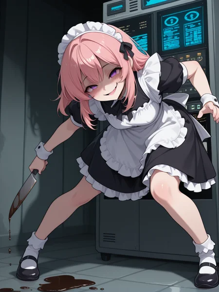 high quality,  full body, <lora:CivChan:1> civchan, yandere,  server, evil smile, holding knife,  oil, lunging,