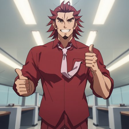 score_9, score_8_up, score_7_up, source_anime, rating_explicit, masterpiece, best quality, very aesthetic, cinematic lighting, genjuro, red shirt, large necktie, thumbs up, grin, office,