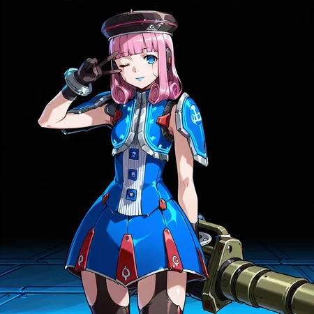 HDA_MasterpieceXL_v1.2,  <lora:Lou_-_Phantasy_Star_Series:1> LouIL, 1girl, curly hair, pink hair, blue eyes, blue skirt, shoulder pads, garter straps, blue lips, gloves, hat, thighhighs, android, blunt bangs, robot ears, expressionless, holding a large caliber rifle, bazooka, minigun, , an arm raised, fingers in v, victory pose, large weapon, smile, wink