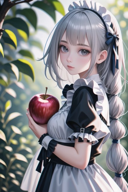 1girl,solo,Grey hair,long hair,maid's outfit,close-up of face,looking at viewer,holding apple in hand,
highly detailed,best quality,absurdres,detailed,HDR,natural light,
<lora:LCM_LoRA_Weights_SD15:1>  <lora:add\ImageEnhanceL:.8>