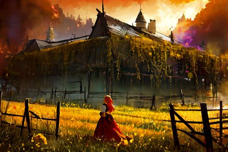 (otherworldly), highly insanely detailed, masterpiece, top quality, best quality, highres, 4k, 8k, RAW photo, (very aesthetic, beautiful and aesthetic), farm, fields, barn, fence, fantfa, <lora:FantasyFarm-10:1>, 
1girl, 
(marigold yellow hair,fiery red hair ), 
(pure red background,pure purple background,pure black background ),âââ