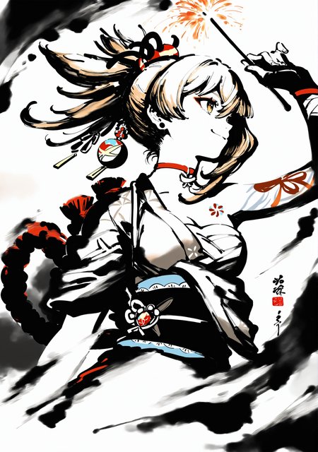 masterpiece,best quality,<lora:yi-noob:1>,ink wash painting,
yoimiya \(genshin impact\),1girl,solo,monochrome,japanese clothes,sash,jewelry,obi,earrings,gloves,kimono,ponytail,holding fireworks,upper body,arm up,white background,elbow gloves,spot color,simple background,closed mouth,long sleeves,long hair,smile,bare shoulders,shoulder tattoo,