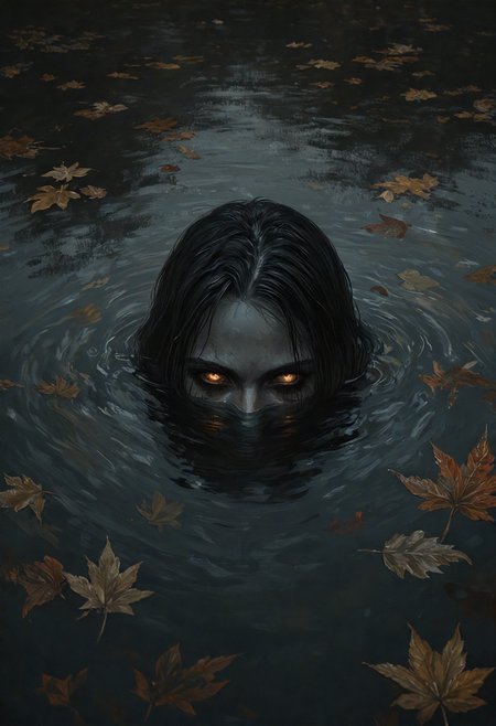 A dark, atmospheric digital painting of a mysterious figure partially submerged in water, with only the upper face and intense, glowing eyes visible above the surface. The character has long, dark hair that blends into the water, creating an eerie and seamless transition. The figure’s intense gaze is directed at the viewer, with eyes that emit a haunting, golden glow, adding a supernatural element to the scene.

The water is littered with autumn leaves in shades of brown, orange, and red, floating around the character and enhancing the moody, melancholic ambiance. Soft reflections and subtle ripples distort the figure’s form in the water, adding depth and a sense of hidden danger. The overall style is dark, detailed, and painterly, capturing a sense of mystery, suspense, and the unsettling beauty of a quiet, isolated water scene in late autumn.