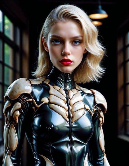 professional crystalz glamour photograph of a cute 18 year old ivory blonde amateur model wearing vinyl catsuit by Annie Leibovitz and Peter Lindberg and Helmut Newton, realistic skin texture, glossy lipstick, french twist , bold lines, hyper detailed, dark limited palette, chiaroscuro, (intricate details, masterpiece, best quality:1.4), mesmerizing, dramatic, dynamic provocative pose, made out of ral-anmlsktn <lora:ral-anmlsktn:1>