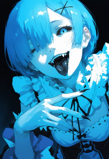 (by konya karasue,  by dino \(dinoartforame\):1.1), film grain, cinematic, limited palette, realistic, sketch, (blue theme:1.2),
masterpiece, best quality, amazing quality, very aesthetic,
1girl, solo, facing viewer, portrait, upper body,
leaning forward, foreshortening, rem \(re:zero\), black sclera, half-closed eyes, blue eyes, smirk, tongue out, black tongue, staring, looking down, looking at viewer, hand on own lips, long fingers, sharp fingernails, black nails, black lips, from below, one eye closed, fangs,
black background,
<lora:nhl-001-20:0.75> nhl-001