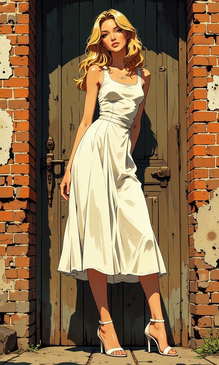 This image captures a stylish and elegant scene featuring a woman standing in front of a rustic wooden door set within a brick wall. The woman is dressed in a white, sleeveless dress that has a flared skirt, giving her a classic and chic look. Her long, wavy blonde hair cascades down her shoulders, adding to the overall elegance of her appearance.
Frog perspective.
She is wearing white high-heeled sandals, which complement her dress perfectly. Her pose is confident and poised, with one hand resting on the door frame and the other slightly behind her back. Her expression is serene and composed, suggesting a moment of quiet confidence.
The background features a weathered wooden door with a rich, dark color that contrasts beautifully with the bright white of her dress. The brick wall surrounding the door adds a touch of rustic charm to the scene, with its textured surface and warm tones. The overall composition of the image is balanced and visually appealing, capturing a moment of timeless beauty and style.
BREAK anime, bboil artist style, <lora:FLUX\Synesthesia:0.2>, <lora:FLUX\RetroAnimeS1.1:0.4>, <lora:FLUX\Flux-jijia:0.1>, <lora:FLUX\RM_Artistify_v1.0M:0.1>, <lora:FLUX\Organic Sauce - FLUX:0.6000000000000001>, <lora:FLUX\It's a LoRA for portraits, BUT! actually specialized in backgrounds. v1.0:0.30000000000000004>, <lora:FLUX\Dieselpunk Delight - s0_9 g4:0.4>
