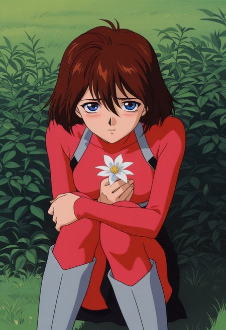 masterpiece, best quality, source_anime,official art,perfect_anatomy,1990s_\(style\),retro_artstyle,1girl, iiko isami,  blue eyes, brown hair,  short hair,  hair between eyes,  bangs,red bodysuit,turtleneck,waist skirt,looking_at_viewer,shy laugh,sitting,hugging_own_legs,knees_on_chest,holdding high-knee boots,flowers in hand,front view,outdoor,from above