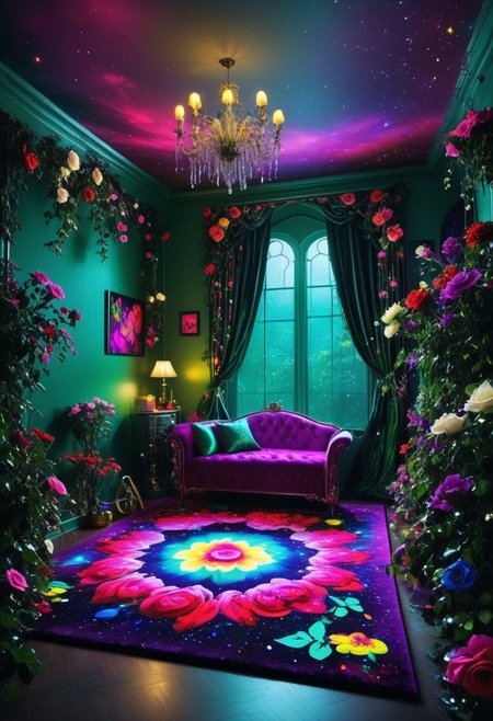 Light mood masterpiece photography, realistic, realistic photograph, inside bedroom, gaudy, Lisa Frank inspired, Lisa Frank colors, colorful eyeshadow, flowers, indoor garden, rock n roll, Ramones, Led Zeppelin, Aerosmith, maximalism, green and blue and pink, purple, in bedroom, soft rug, neon rug, bedroom like bedroom from Howl's Moving Castle