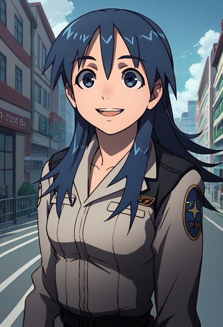 score_9, score_8_up, score_7_up,city view, female,blanchett, blue hair, long hair, blue eyes, military uniform,front view,happy