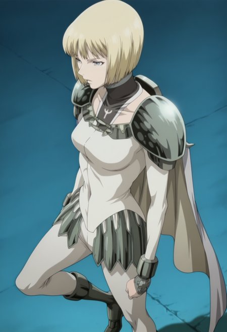 anime screencap, anime coloring, 1girl, solo, <lora:DX888ClareIL:1>  clare, blonde hair, grey eyes, blonde hair, bob cut, cape, bodysuit, pauldrons, armored boots BREAK  blue background, dithered background, BREAK from above, from side, standing on one leg dutch angle