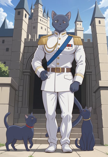 masterpiece,best quality,amazing quality, 1boy, solo, lun3, anthro cat, muscular male, dark grey fur, whiskers, heterochromia, green sclera, blue eyes, red eyes, white military oufit, blue strap, epaulettes, brown belt, tail, full body, castle,