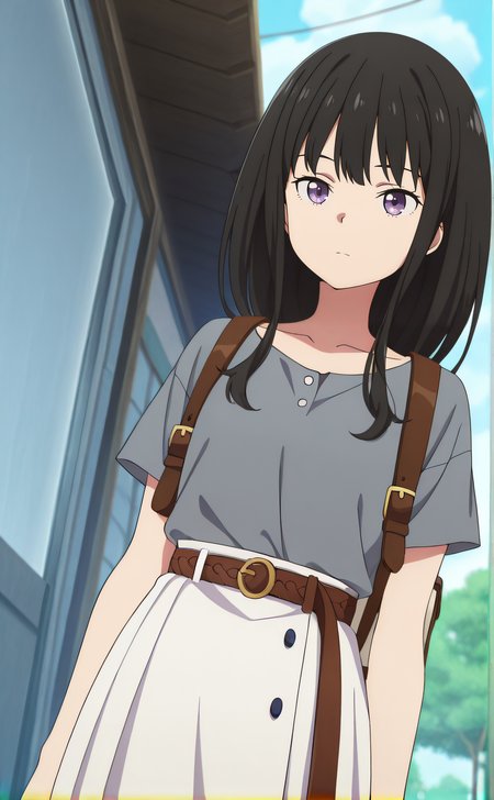 masterpiece, best quality, highres, newest, 1girl, solo, official style, anime screencap, <lora:Inuoe_Takina:1>, takina, black hair, purple eyes, collarbone, grey shirt, backpack, short sleeves, brown belt, white skirt, expressionless, cowboy shot, outdoor, day, looking at viewer