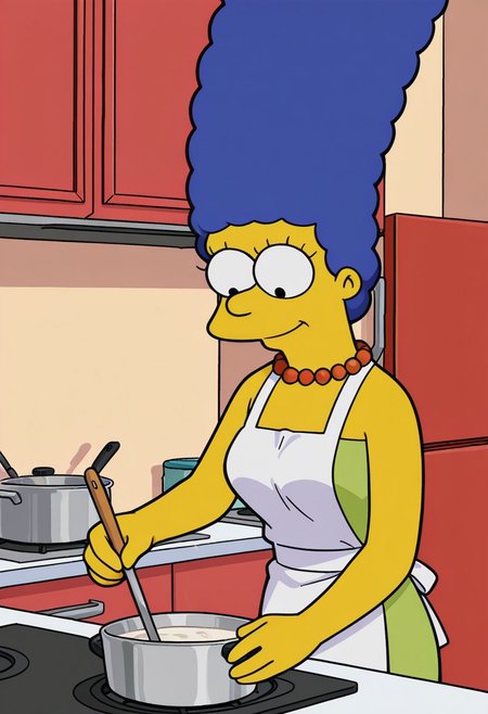 score_9,score_8_up,score_7_up,score_6_up,best quality,masterpiece, 1girl, solo, background is kitchen, cooking, stirring, indoors,
BREAK
margesimpson, yellow skin, blue hair, big beehive hair, black eyes, bare shoulders, green dress, pearl necklace smile, medium breasts, looking down, white apron,