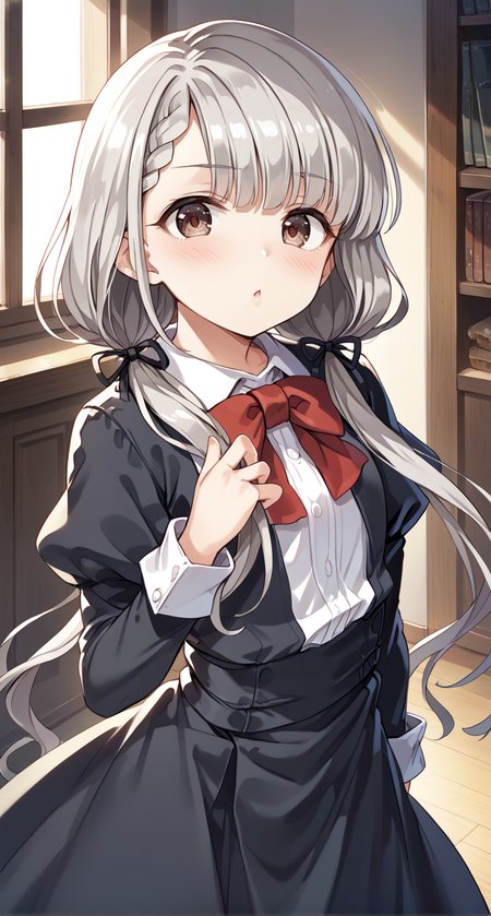 score_9,score_8_up,score_7_up,
official art,official style,game cg,megami magazine,
uncensored,
1girl,
hskwng school,hisakawa nagi,
asymmetrical bangs,bow,bowtie,braid,braided bangs,grey hair,hair ribbon,
juliet sleeves,long hair,long sleeves,puffy sleeves,red bow,red bowtie,ribbon,
twintails,black ribbon,blush,brown eyes,collared shirt,
dress shirt,low twintails,shirt,skirt,white shirt,
black jacket,black skirt,black dress,
dress,
eyebrows visible through hair,
standing,
<lora:idolmaster_hisakawa_nagi_pony_v1:1>,