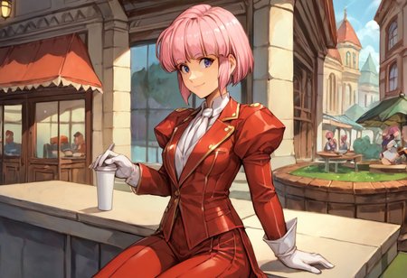 score_9, score_8_up, score_7_up, very aesthetic, source_anime, detailed, high quality, beautiful, masterpiece, detailed eyes,
<lora:lightXL:0.8>
city view, blurry background,
 <lora:action-sdxl-V0.5:1>zdyna_pose
dynamic angle, 
dynamic pose,
score_9, score_8_up, score_7_up <lora:diana-silverneil-000030:1> diana silverneil, gloves, long sleeves, pleated pants, red pants, puffy sleeves, red coat, 1girl, solo, Pink hair, outdoors, cafe, light smile, sitting,(((lustrous skin:1.5,bright skin: 1.5,skin,shiny skin,very shiny skin,shiny body,plastic glitter skin,exaggerated shiny skin,illuminated skin))),(detailed body,(detailed face)),