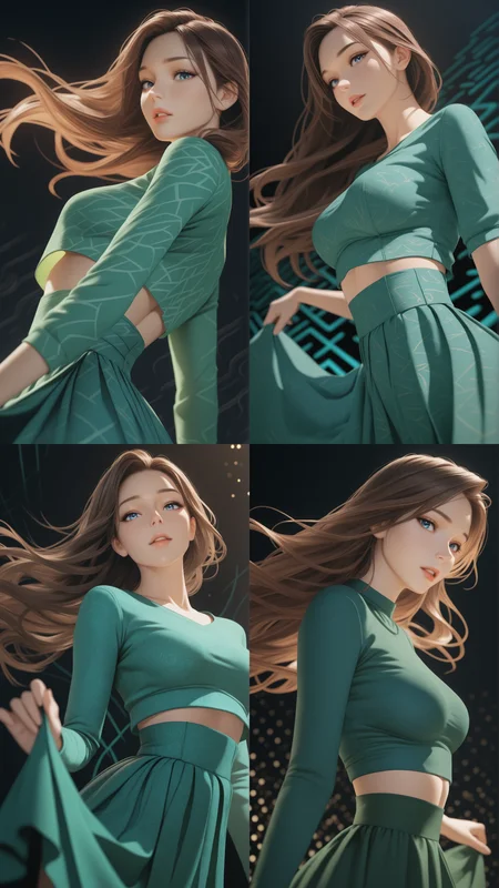 1girl,milf,brown hair,long hair,flowing hair,blue eyes,parted lips,red luminous lips,eyelashes,
available light,golden hour glow,subtle shadows,diagonal shadows, 
depth of field,focused subject,dynamic angle,side view,dutch view, looking at viewer,face focus, dynamic motion, expressive, wearing highwaist skirt, skirt lifted up, crop top, black background,green patterns,abstract_background, tangle background, 
masterpiece,best quality,amazing quality,very aesthetic,absurdres,newest,detailed eyes,
A professional,high-quality,hyper-realistic portrait of a woman, 3D. <lora:IL-OreijLAY:0.7>