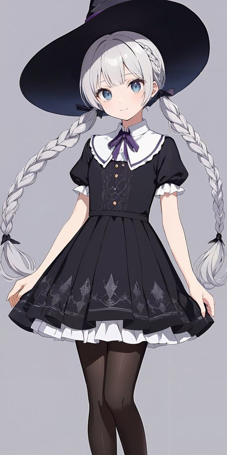 masterpiece,ultra-detailed,best quality,8K,illustration,cute face,clean skin ,shiny hair,girl,ultra-detailed-eyes,simple background, source-anime,<lora:add-detail-xl:1> <lora:braid twintail_XL_V1.0:0.8> braid twintail, <lora:witch_XL_V1.0:0.6> jyojifuku, witch, hat, dress, pantyhose