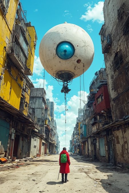 A cityscape. The sky is a vibrant blue with puffy white clouds. In the center of the photo, a large, white, spherical object with a large red eye and blue accents is suspended in the air. It is connected to the ground by multiple thin cables. The object appears to be a spaceship or a surveillance device. In the foreground, a lone figure in a red coat and a green backpack is standing on a paved street, looking up at the object. The figure is holding a walking stick. The cityscape is made up of tall, industrial buildings, some of which are made of stacked shipping containers. The buildings have various colors, including yellow, red, and blue. The ground is a light gray concrete with puddles of water. The overall tone of the photo is one of mystery and intrigue. The colors are bold and vibrant, and the details are intricate. Bokeh