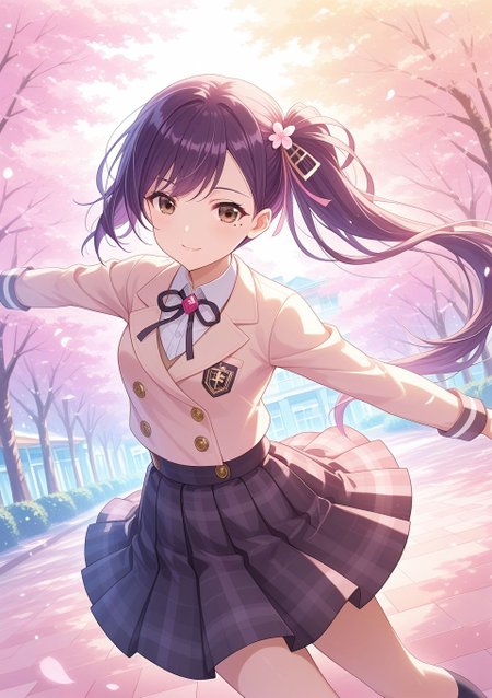 <lora:Liu_IL:1>, purple hair, long hair, side ponytail, bangs, brown eyes, hair ornament, ribbon, mole, mole under eye, skirt, school uniform, pleated skirt, buttons, plaid, plaid skirt, shirt, neck ribbon, collared shirt, miniskirt,, 
(pastel colors,colorful:1.4), BREAK
masterpiece, best quality, amazing quality, very aesthetic, absurdres, newest, 
 <lora:Eyes_High_Definition:0.6>, eyesHD, high gradient eyes, detailed eyes, high definition eyes, 
<lora:LECO_Particles:1>, 
BREAK, general, dutch angle, oblique view, light smile, dynamic pose,