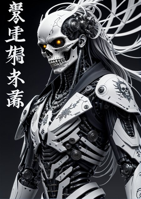 assassinkahb style, a black and white photo of a Cyborg Samurai assassin wearing a high collar motorcycle jacket with Japanese writing on the back, in a fight stance with fists up. Split, solo, simple background, shoulders equipped with wires and nano Future Tech, large sedge hat, 1boy, white background, jacket, monochrome, upper body, greyscale, male focus, long hair in the wind, clothes writing, skull, skeleton, Japanese flag, creating a Synthwave sunrise scene with bleaked dark colorful neon and black details.
Ultra detailed, hyper-realistic, close-up, side portrait, male, Baroque-inspired digital sculpture with an intricately detailed skeletal figure, adorned with swirling gold and silver filigree patterns, creating a sense of luxurious complexity. The dark background provides a stark contrast, highlighting the ornate textures and menacing elegance of the figure, baroque background.
High detail UHD pen and ink art, (Beautiful robot boy:1.2), perfect composition, intricate machinery, precise lines, (sleek metallic surfaces:1.3), elaborate design, detailed structure, (robotic features:1.2), crazy octane rendering, hyper-realistic shadows, dynamic contrast, detailed gears and joints, captured with a high-definition camera and lens for 8k art photography, perfect lighting, trending on ArtStation.
<lora:add-detail-xl:1> <lora:aesthetic_anime_v1s:1>