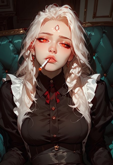 score_9, score_8_up, score_7_up, score_6_up,extreme detail, Masterpiece, Best Quality, beautiful, high res image, Expressiveh，cute face，1girl,
yuyan, white hair, long hair, red eyes, forehead mark, large breasts，maid，thick pantyhose，bored girl，lying on sofa，look at viewer，messy room，modern room，morimee_style，cigarette, smoking, mouth hold,