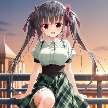 <lora:Sakura_no_Toki_art_n16c16_nai_Loha:1.5>,Sakura no Toki art,
<lora:Kumari_Kotobuki_1_nai:0.7>,Kumari Kotobuki,twintails,hair ribbon,red ribbon,official outfit,plaid skirt,lace-trimmed skirt,green skirt,high-waist skirt,puffy short sleeves,light green shirt BREAK 1girl,solo,smile,open eyes,open mouth,sitting,on railing,knee up,looking_at_viewer,cowboy_shot,face_focus,front view,straight-on,depth of field,lens_flare,sunset,
